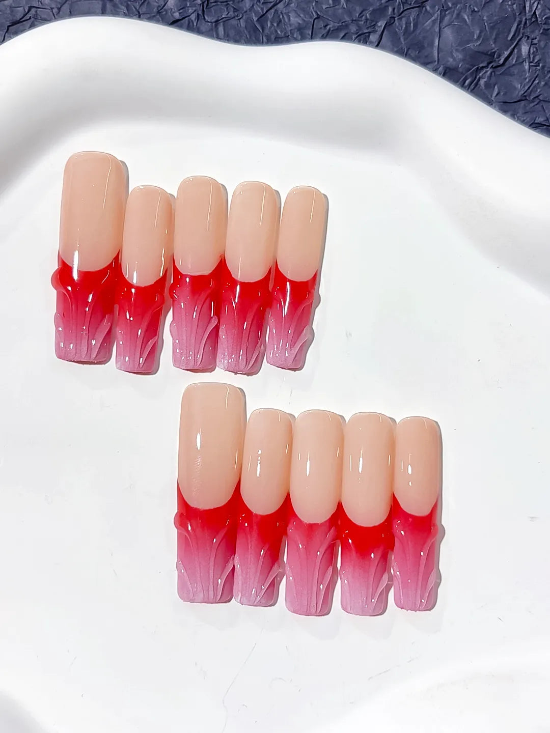 Long Nude Brown Square French tip Flower Dot Pattern