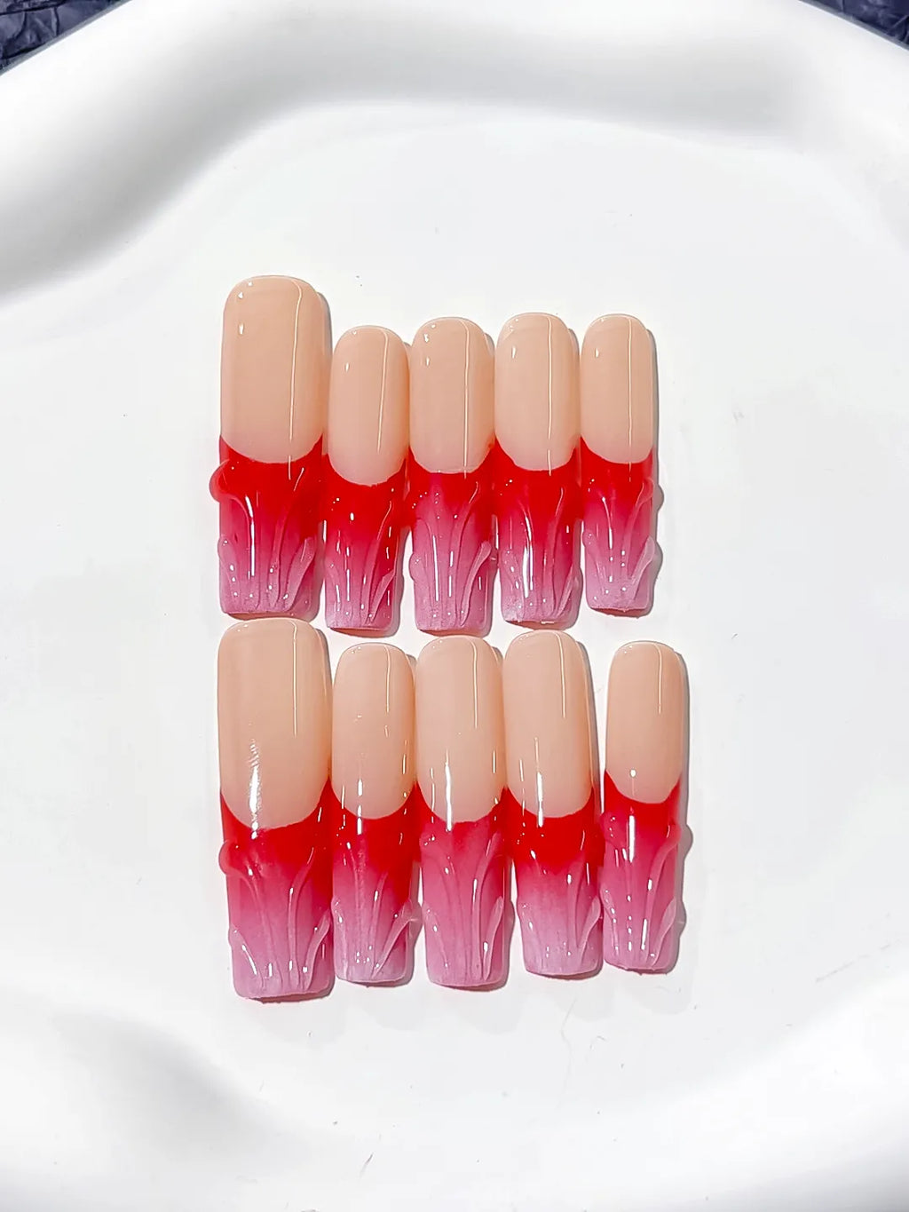 Long Nude Brown Square French tip Flower Dot Pattern
