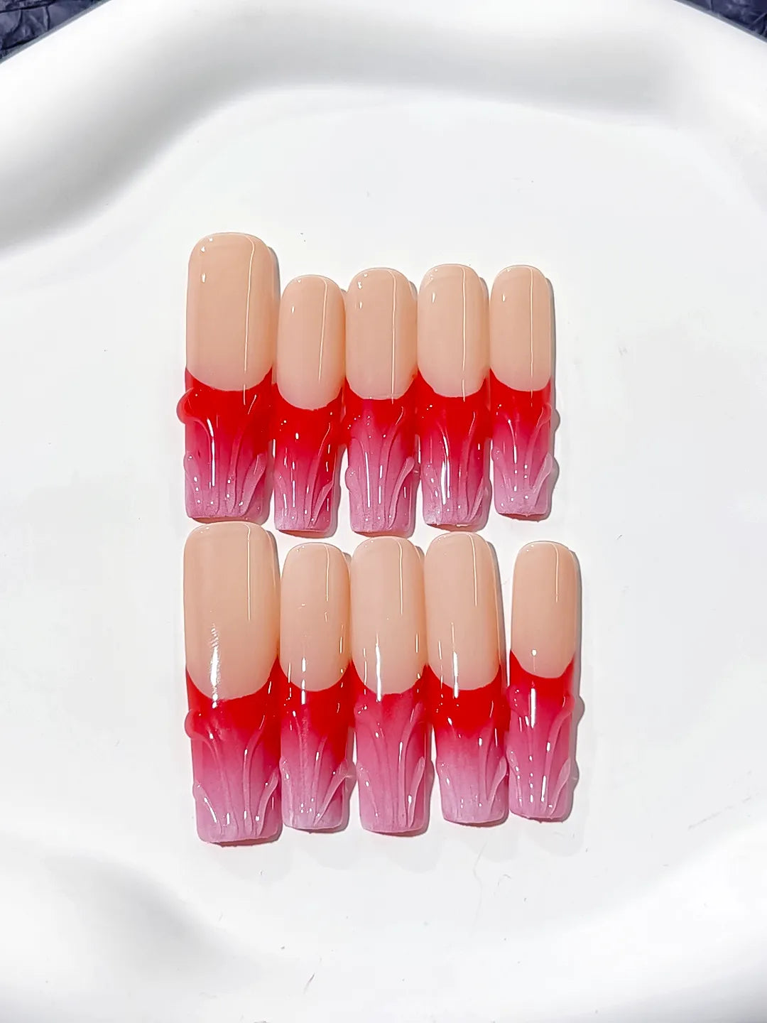 Long Nude Brown Square French tip Flower Dot Pattern