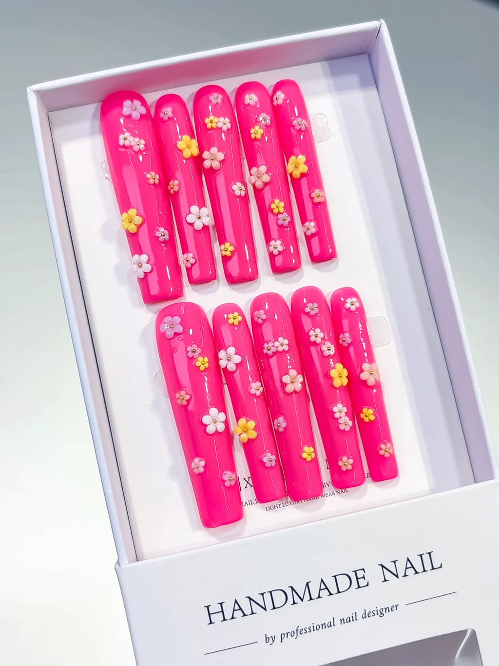 Long Pink White Square French tip Flower Shell
