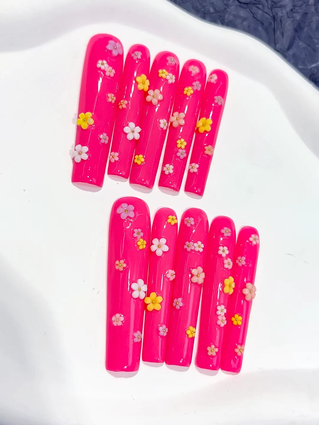 Long Pink White Square French tip Flower Shell