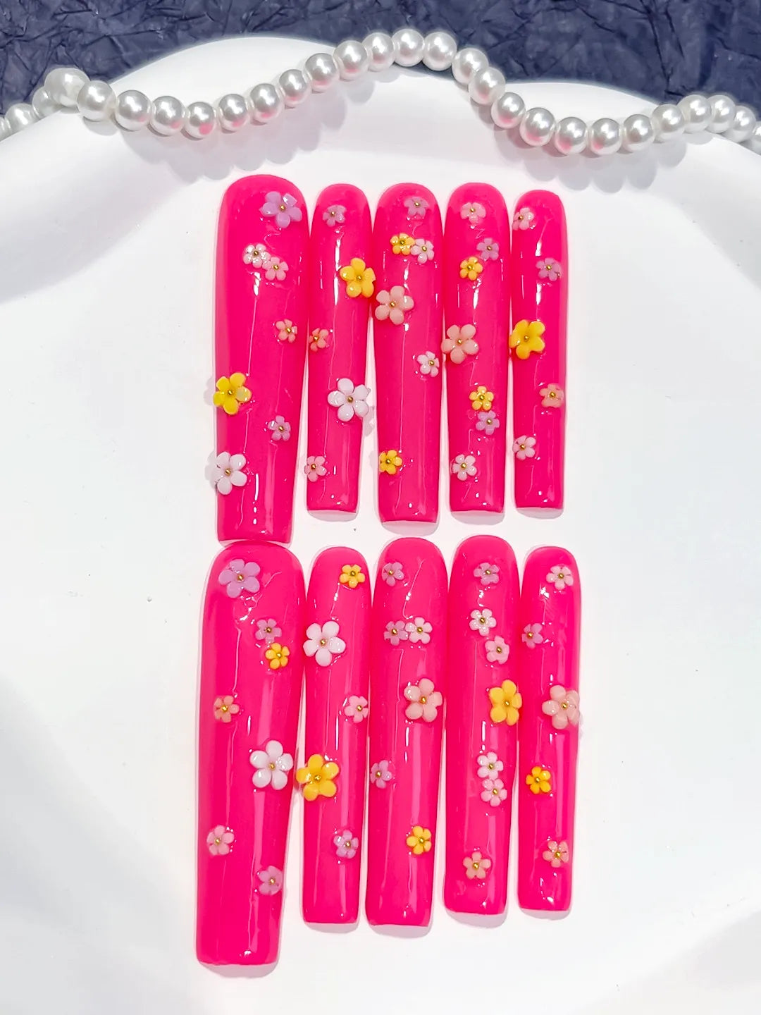 Long Pink White Square French tip Flower Shell