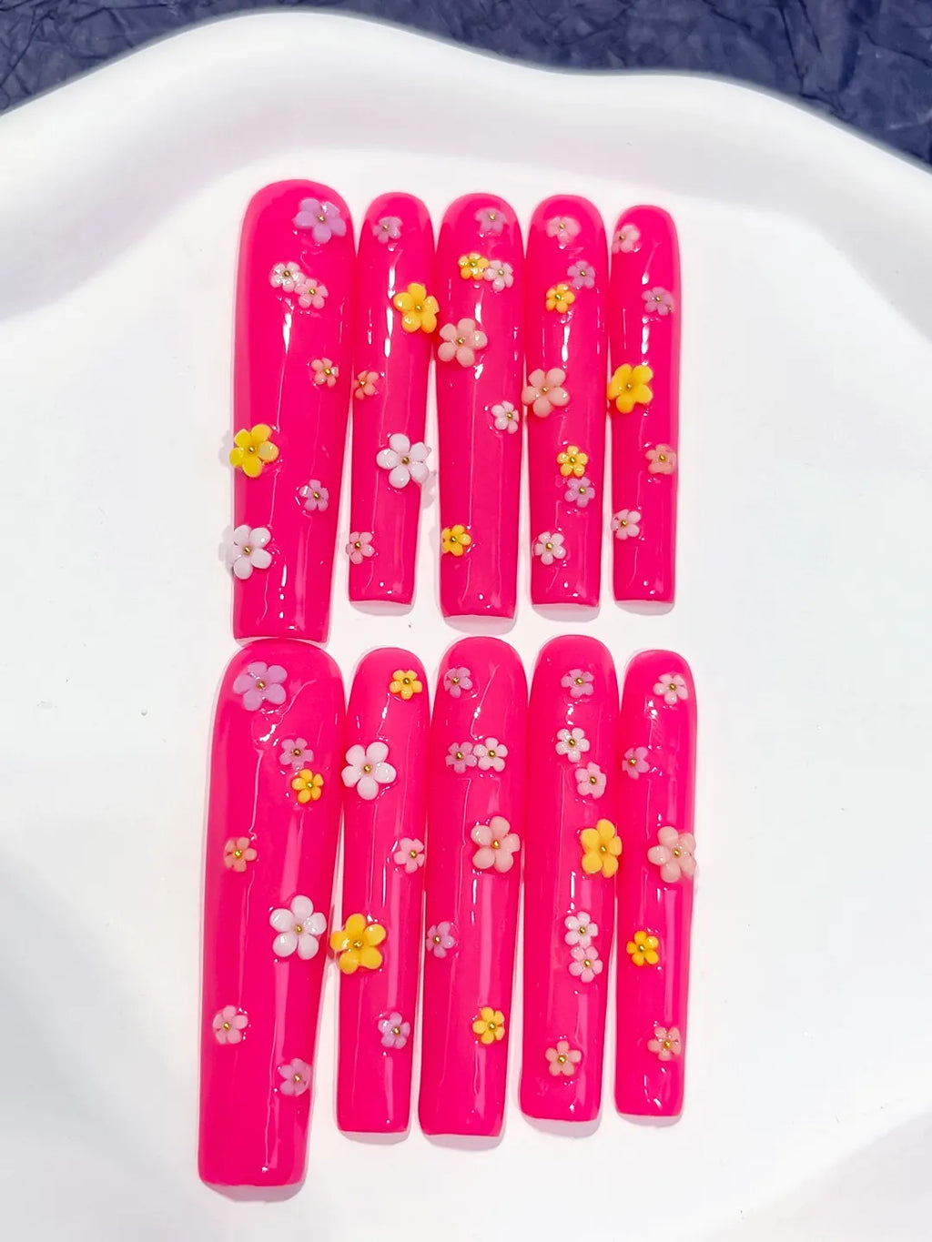 Long Pink White Square French tip Flower Shell