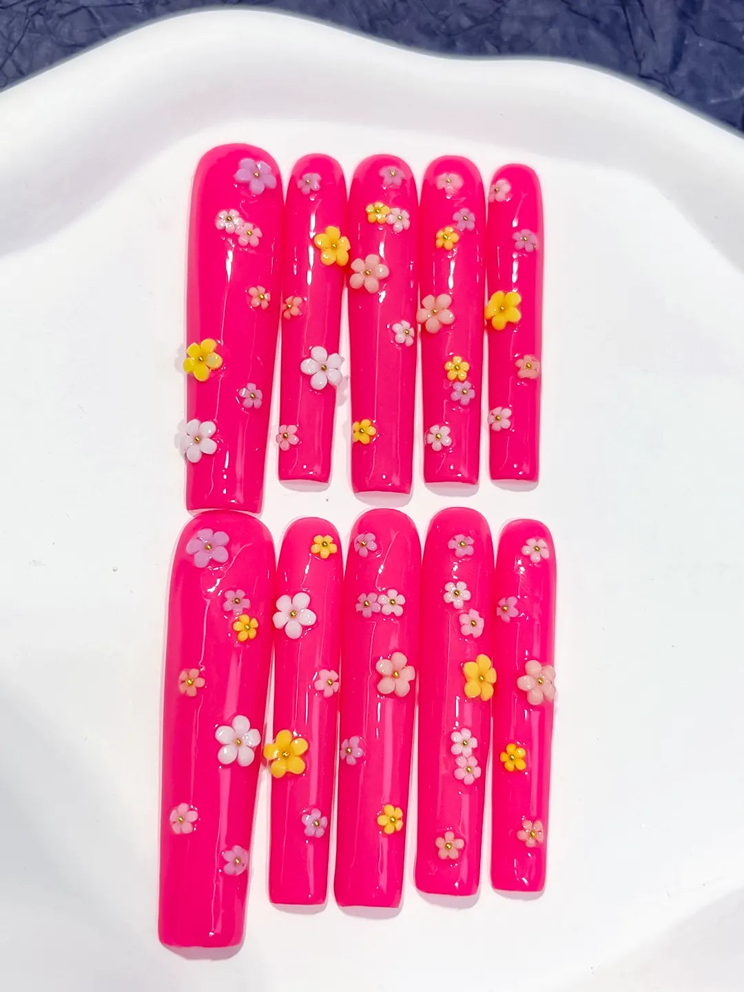 Long Pink White Square French tip Flower Shell