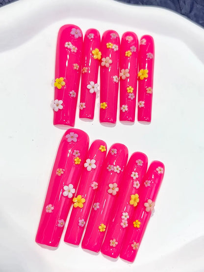 Long Pink White Square French tip Flower Shell