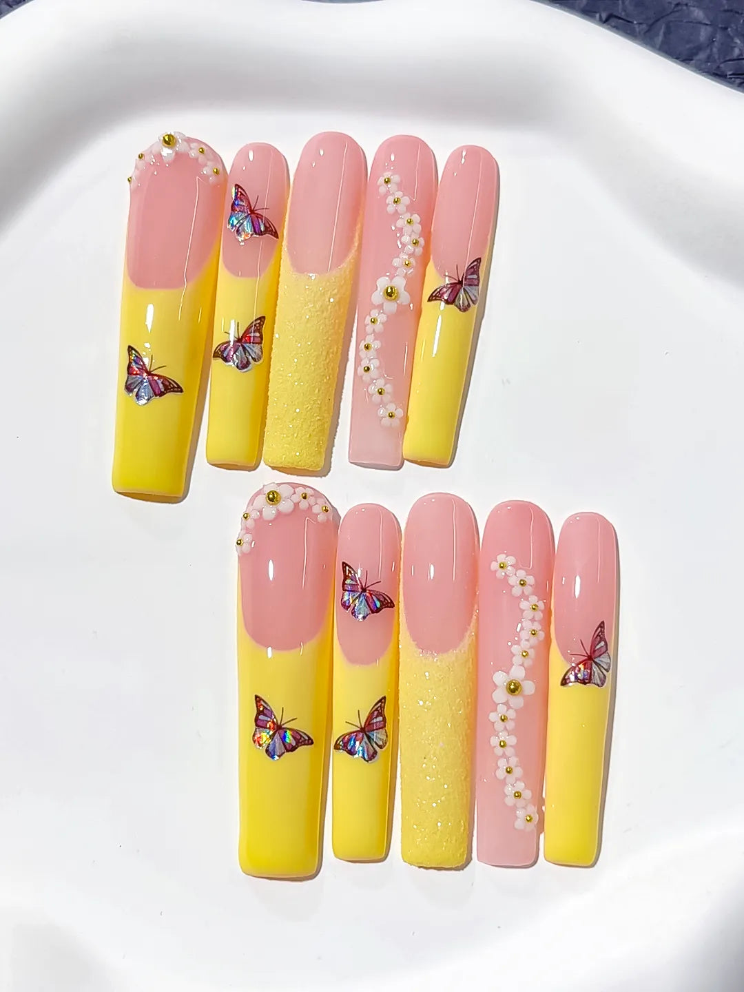 Long Nude White Square French tip Flower Rhinestone