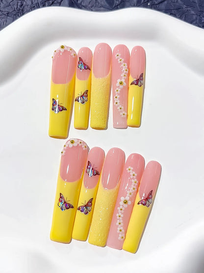 Long Nude White Square French tip Flower Rhinestone