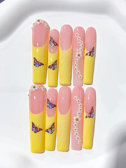 Long Nude White Square French tip Flower Rhinestone