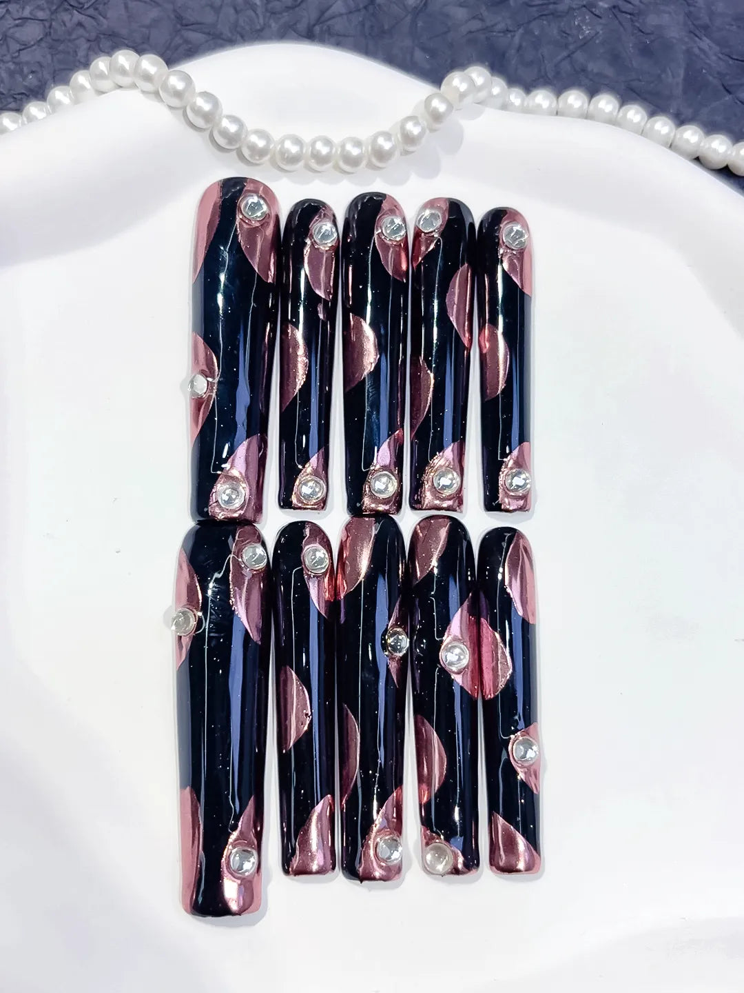 Long Pink White Square French tip Flower Heart