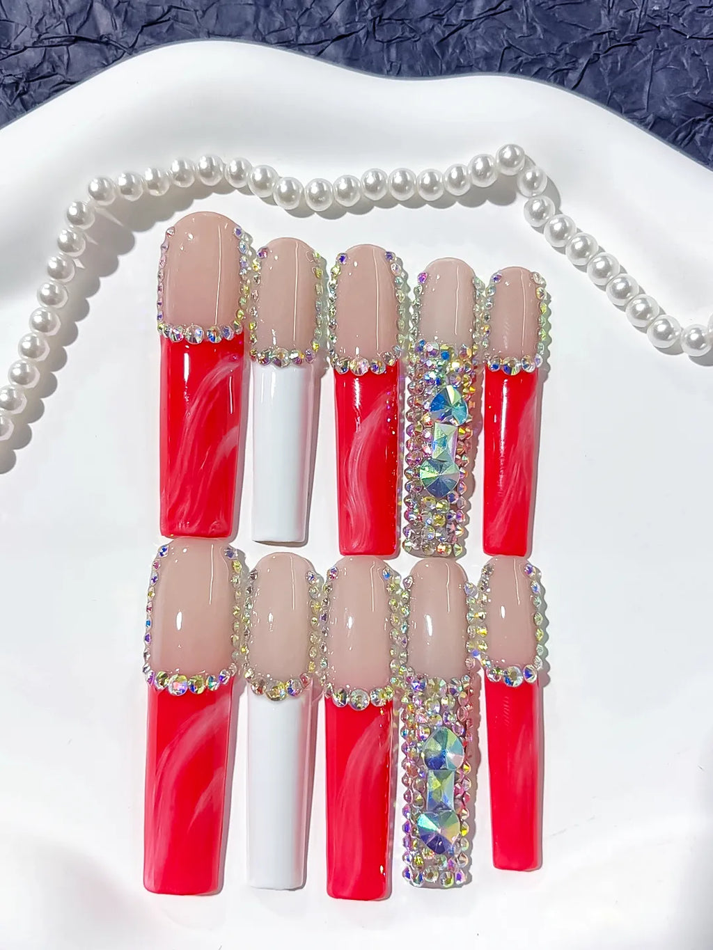 Long Nude Red Square Abstract Rhinestone