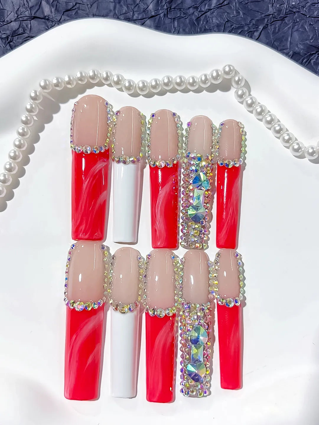 Long Nude Red Square Abstract Rhinestone