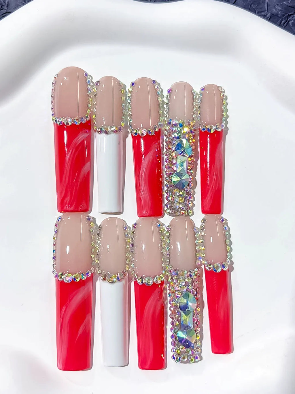 Long Nude Red Square Abstract Rhinestone
