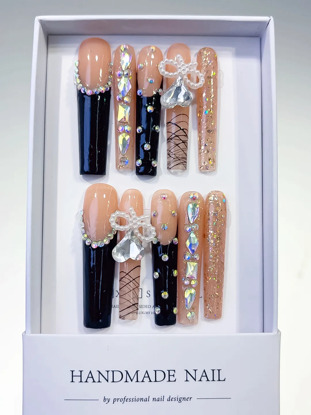 Long Nude Black Square French tip Bow Rhinestone