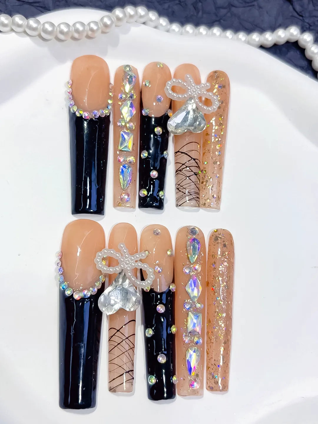Long Nude Black Square French tip Bow Rhinestone