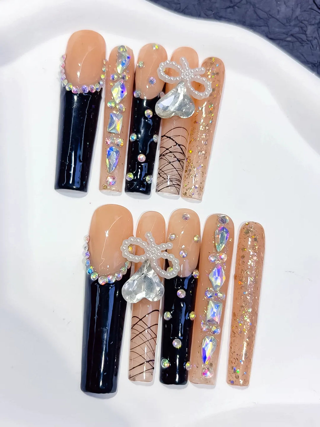 Long Nude Black Square French tip Bow Rhinestone