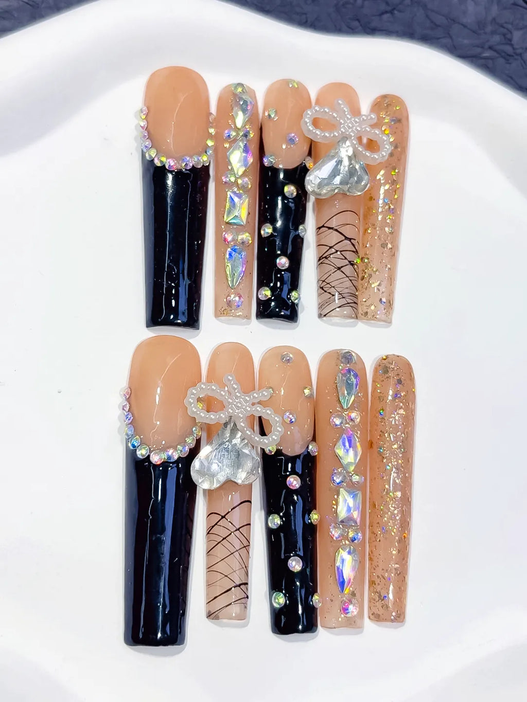 Long Nude Black Square French tip Bow Rhinestone
