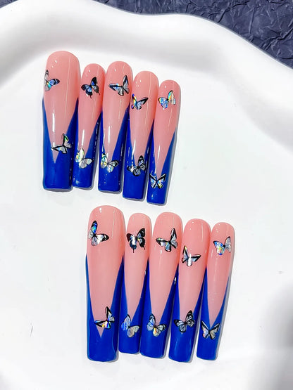 Long Pink Blue Square French tip Butterfly
