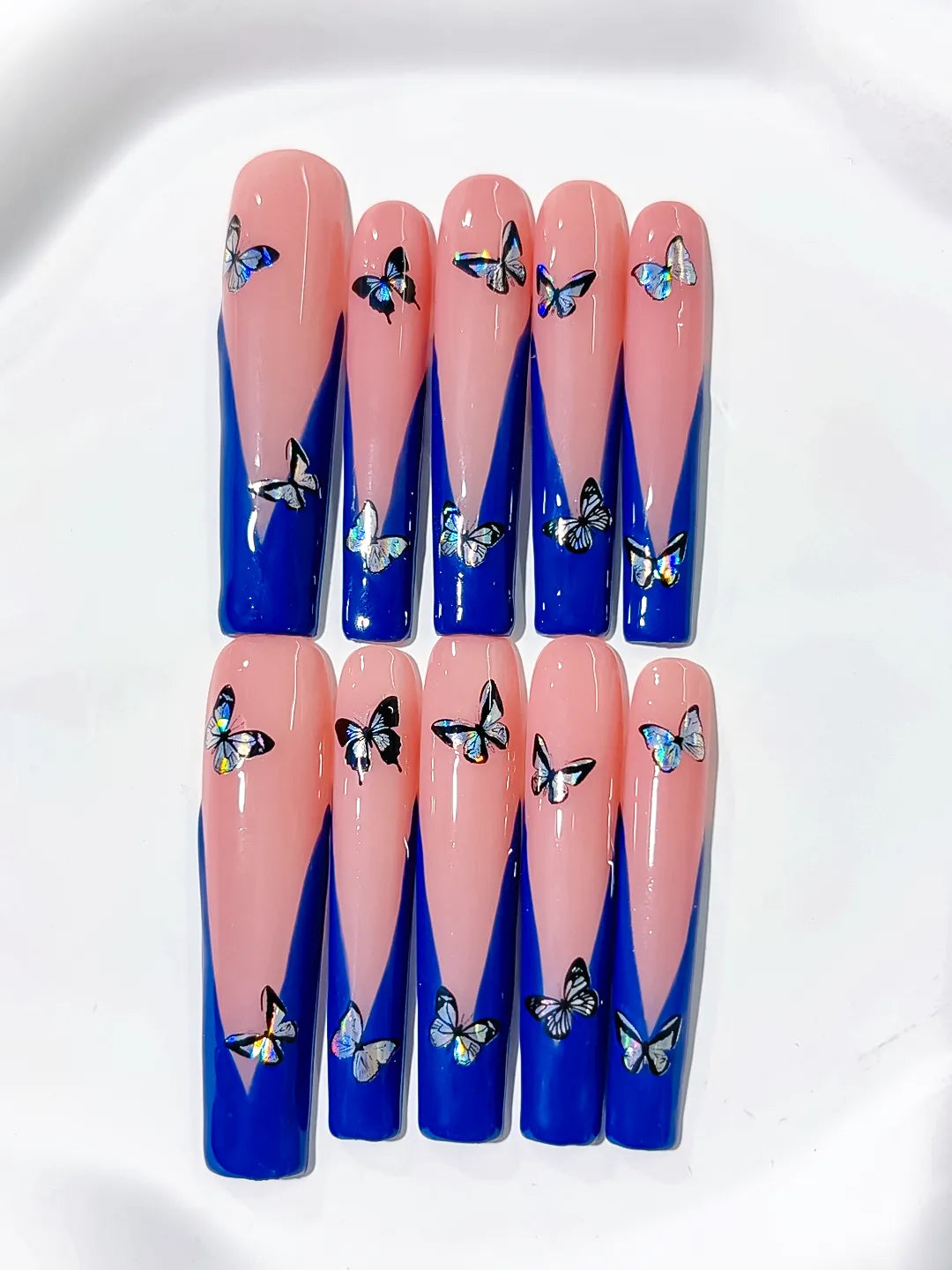 Long Pink Blue Square French tip Butterfly