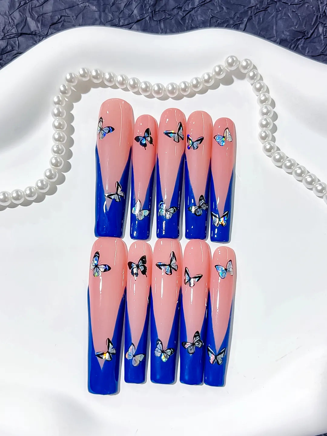 Long Pink Blue Square French tip Butterfly