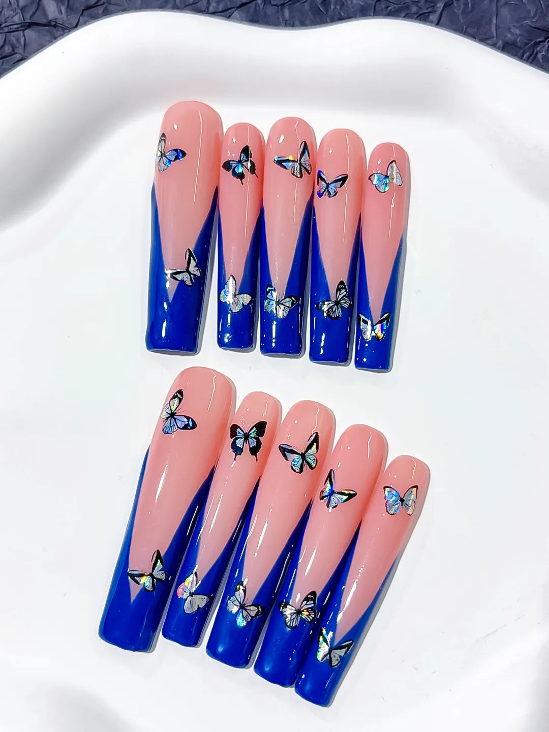 Long Pink Blue Square French tip Butterfly