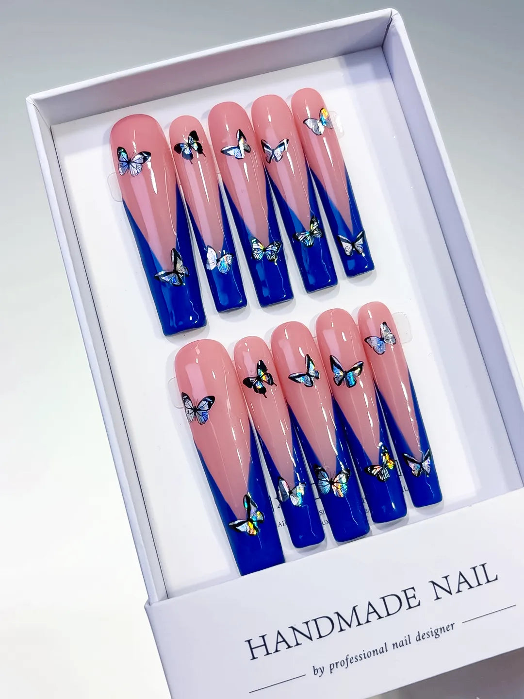 Long Pink Blue Square French tip Butterfly