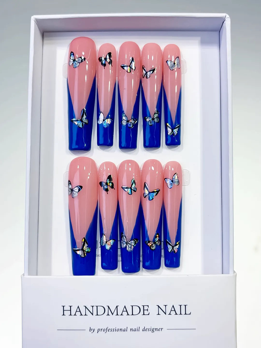 Long Pink Blue Square French tip Butterfly