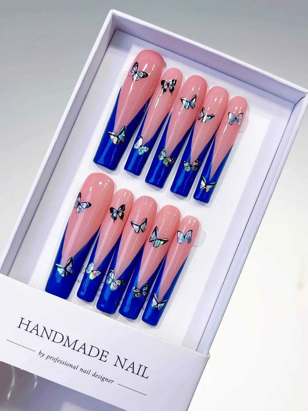 Long Pink Blue Square French tip Butterfly