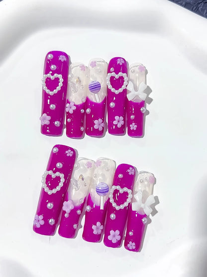Long Pink White Square Solid color Heart Bow