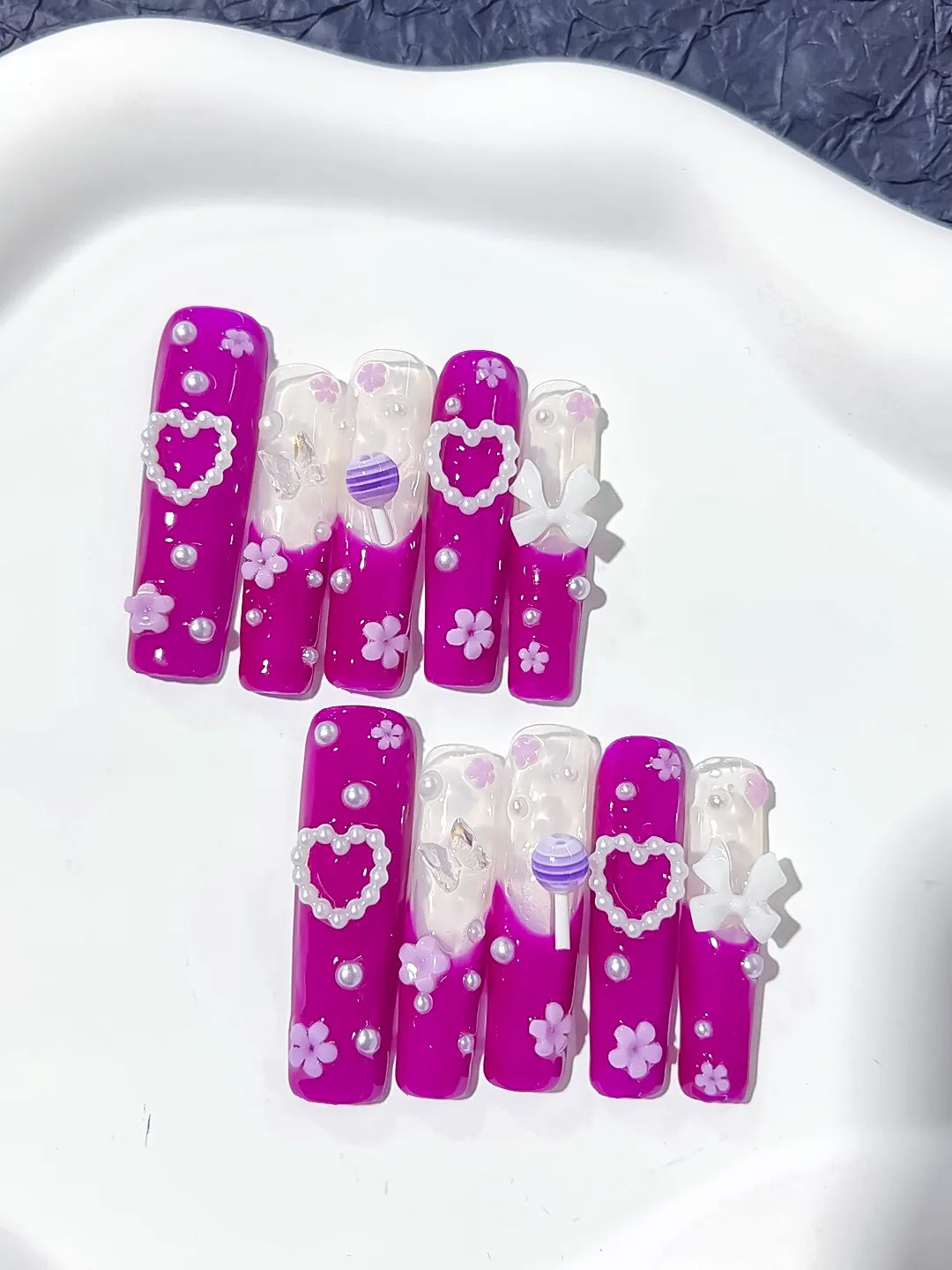 Long Pink White Square Solid color Heart Bow