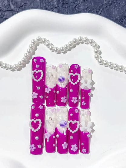 Long Pink White Square Solid color Heart Bow
