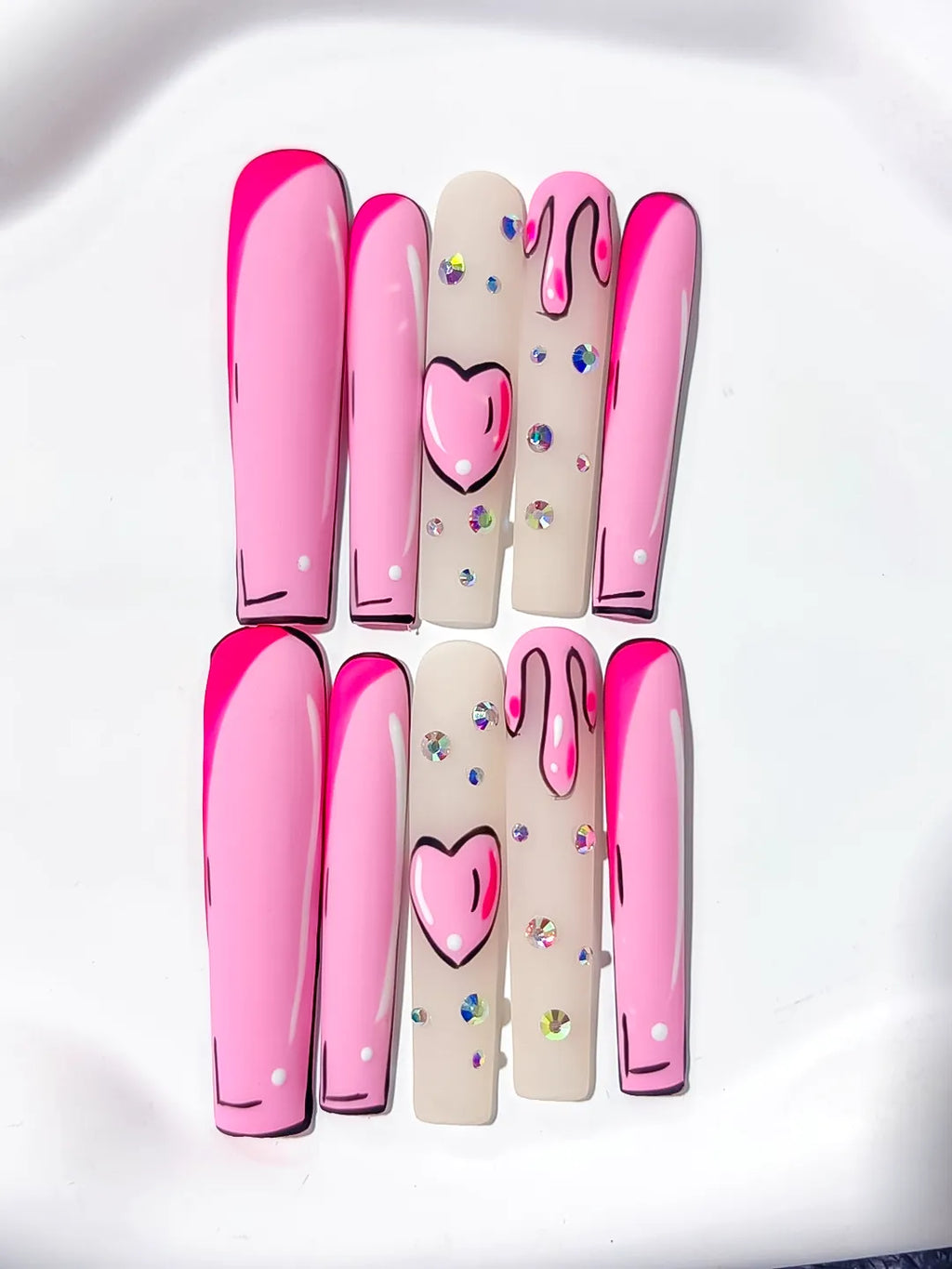 Long Pink Nude Square Abstract Heart Rhinestone