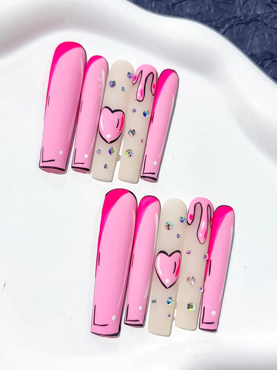 Long Pink Nude Square Abstract Heart Rhinestone