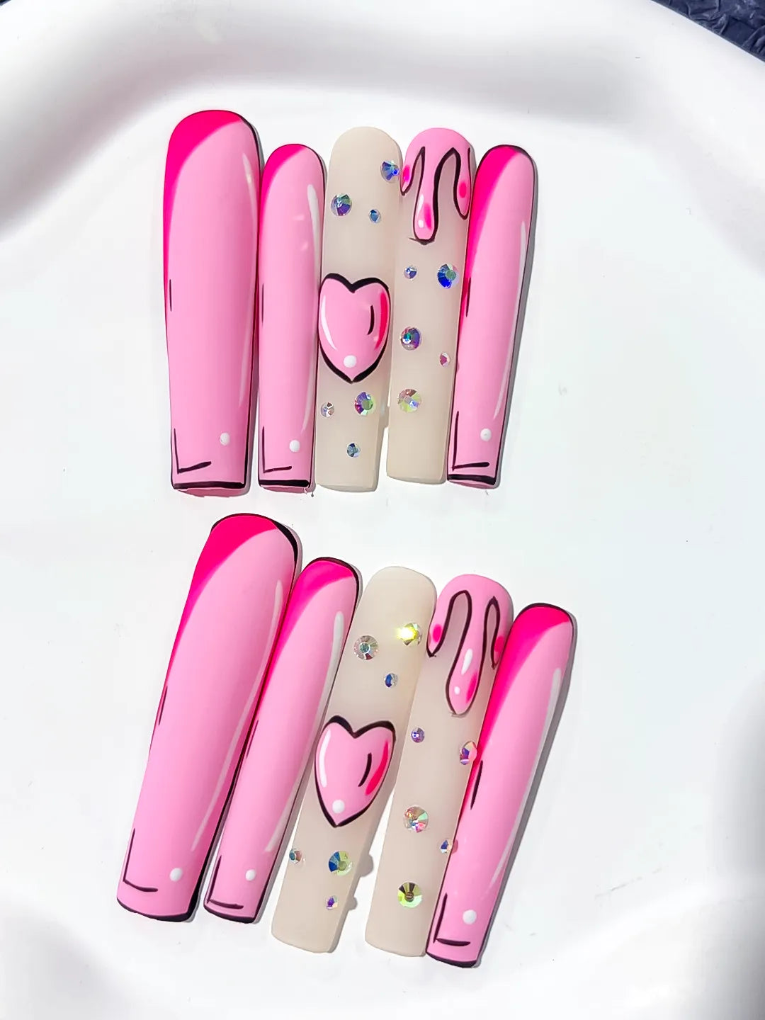 Long Pink Nude Square Abstract Heart Rhinestone