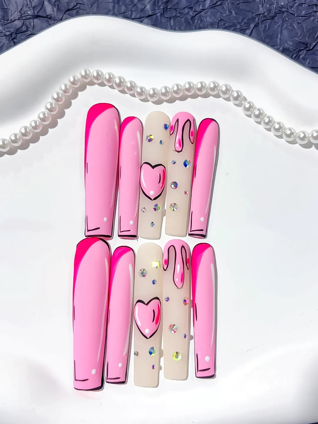 Long Pink Nude Square Abstract Heart Rhinestone