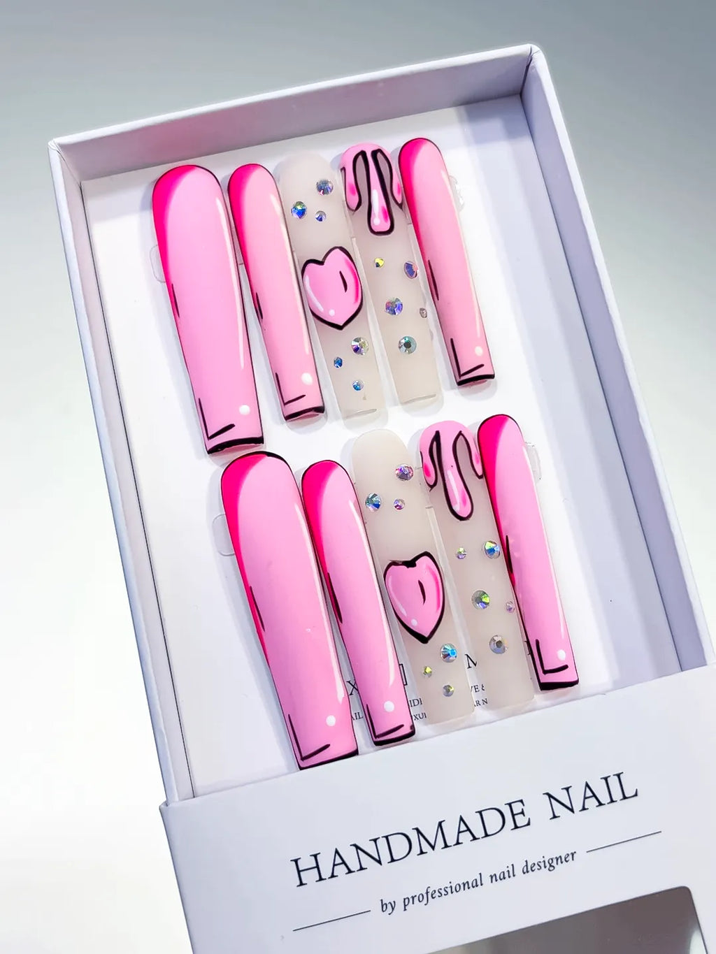 Long Pink Nude Square Abstract Heart Rhinestone
