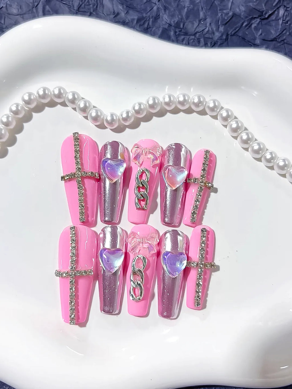 Long Pink Silver Coffin Metallic Heart Chain