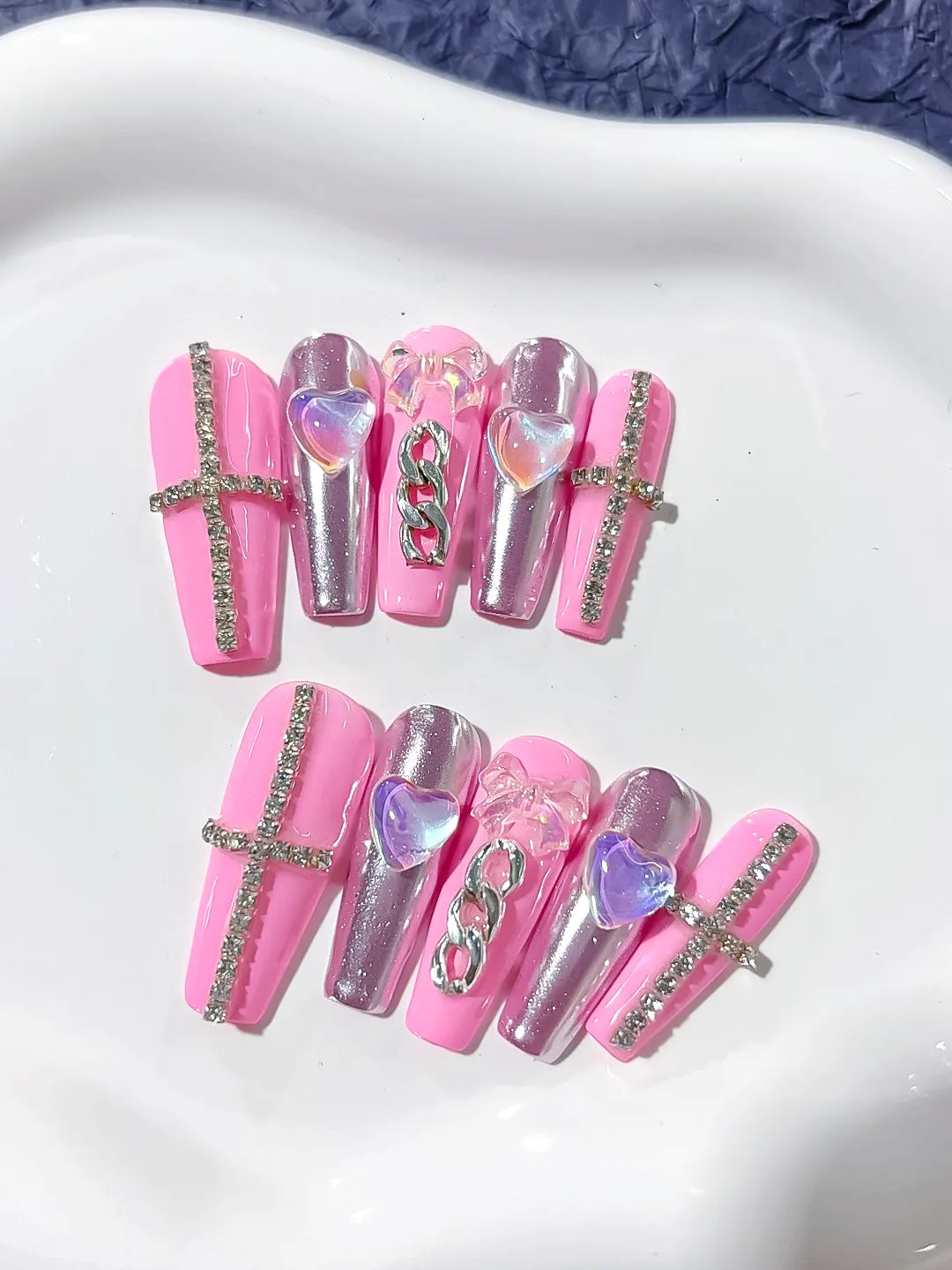 Long Pink Silver Coffin Metallic Heart Chain