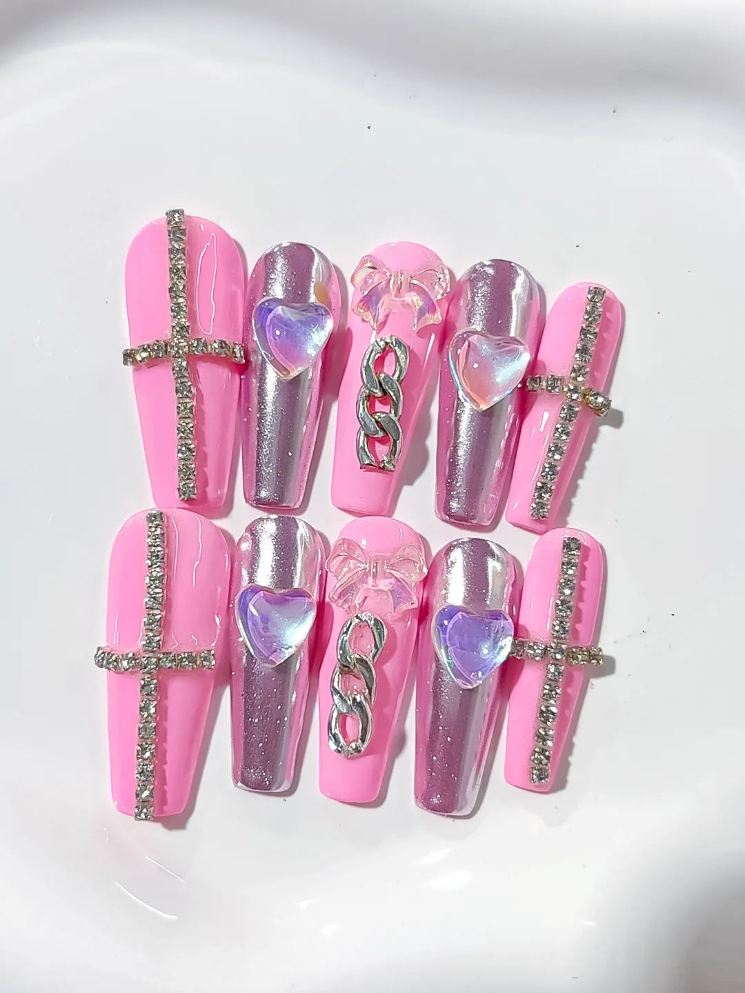 Long Pink Silver Coffin Metallic Heart Chain