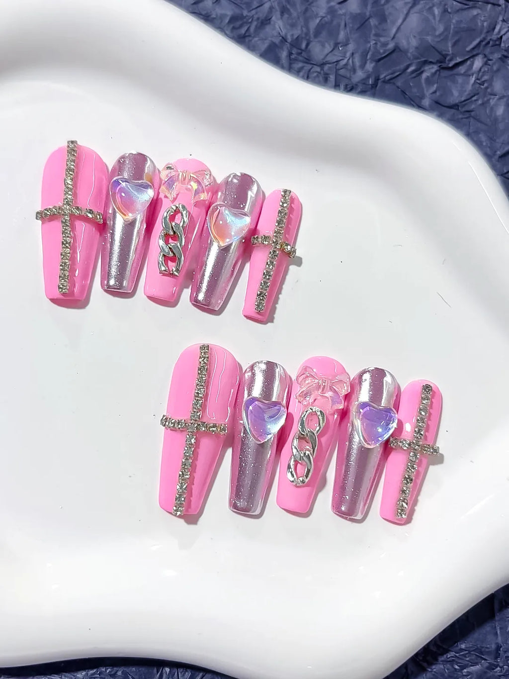 Long Pink Silver Coffin Metallic Heart Chain
