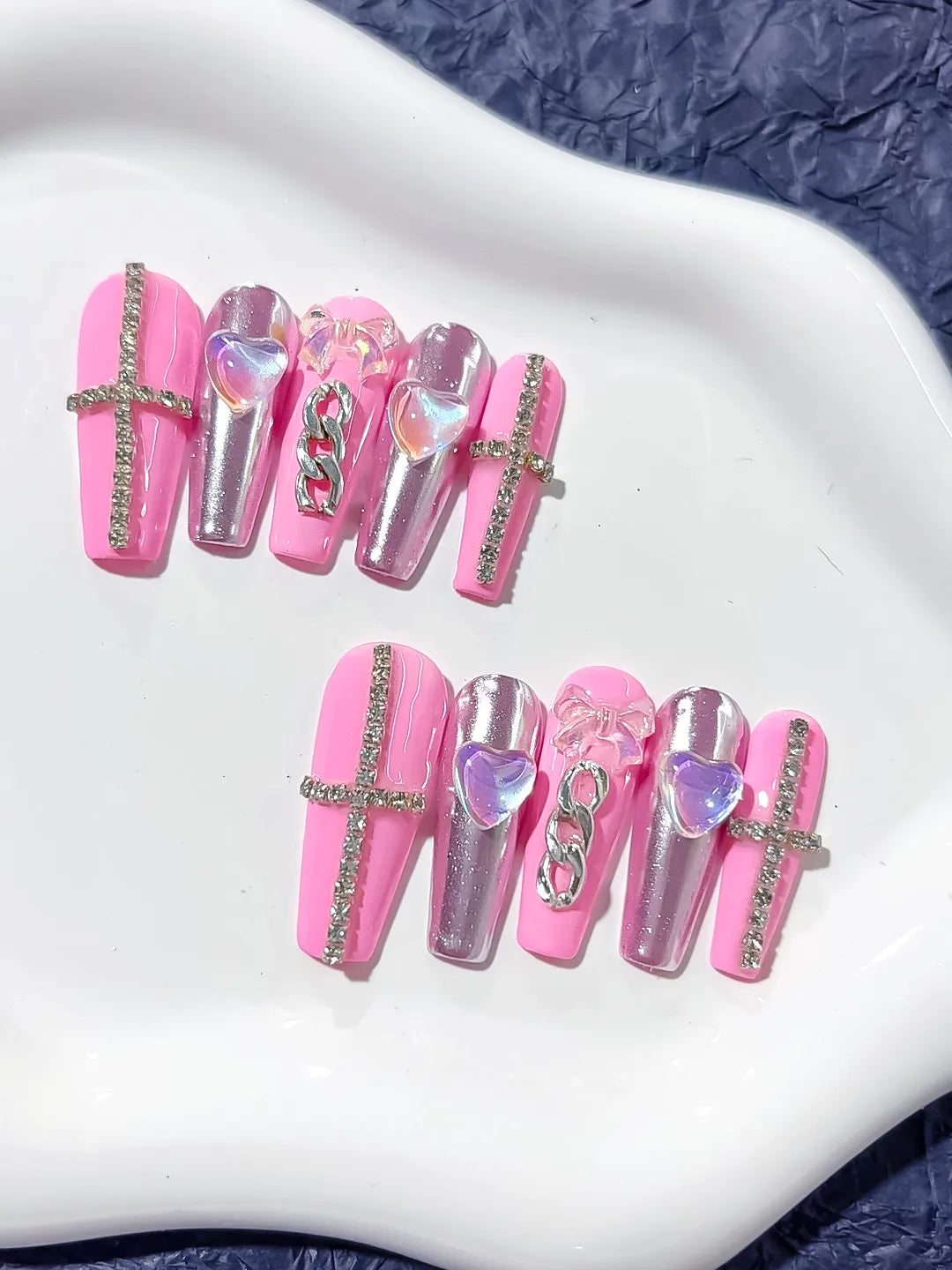 Long Pink Silver Coffin Metallic Heart Chain