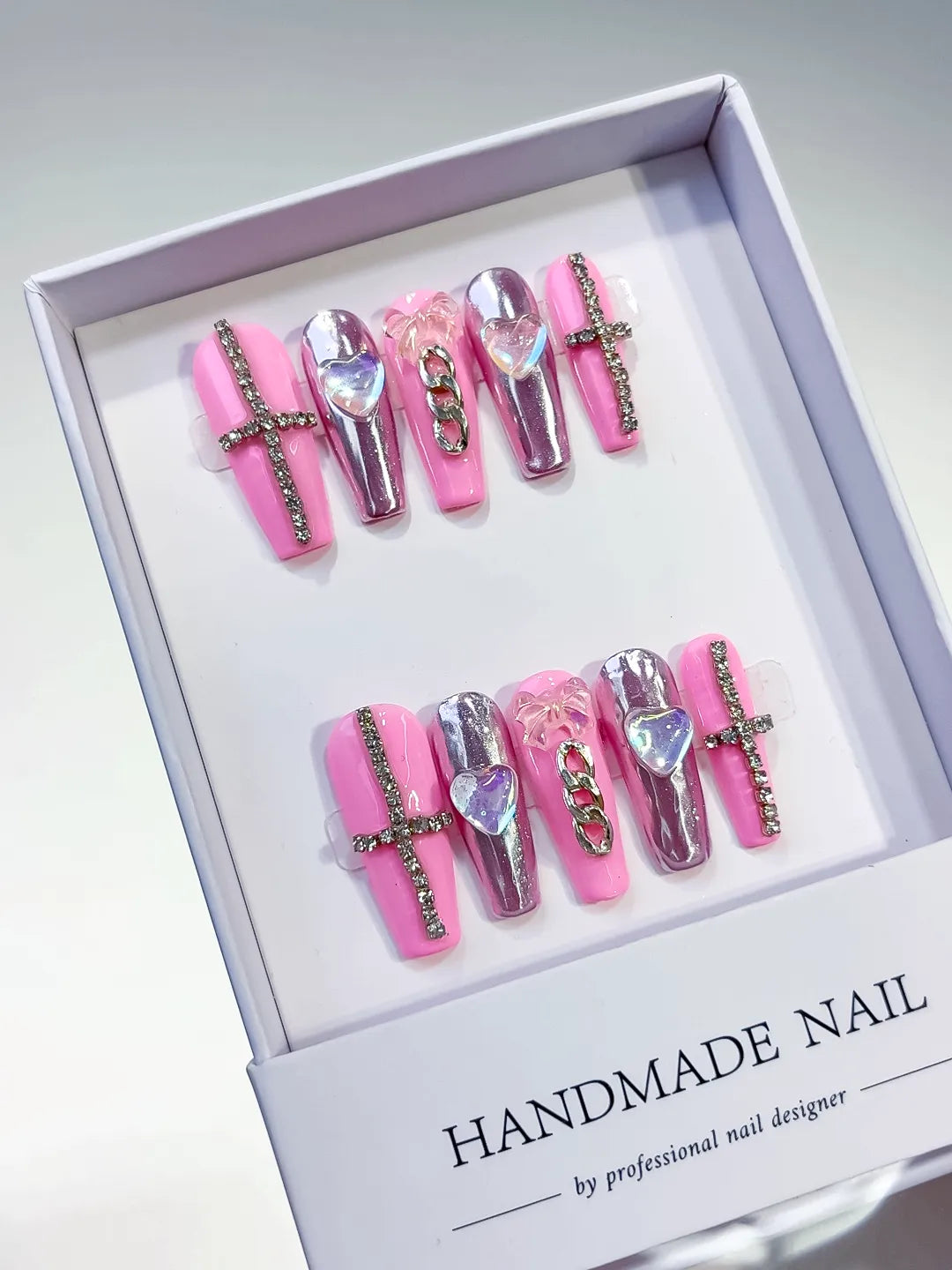 Long Pink Silver Coffin Metallic Heart Chain