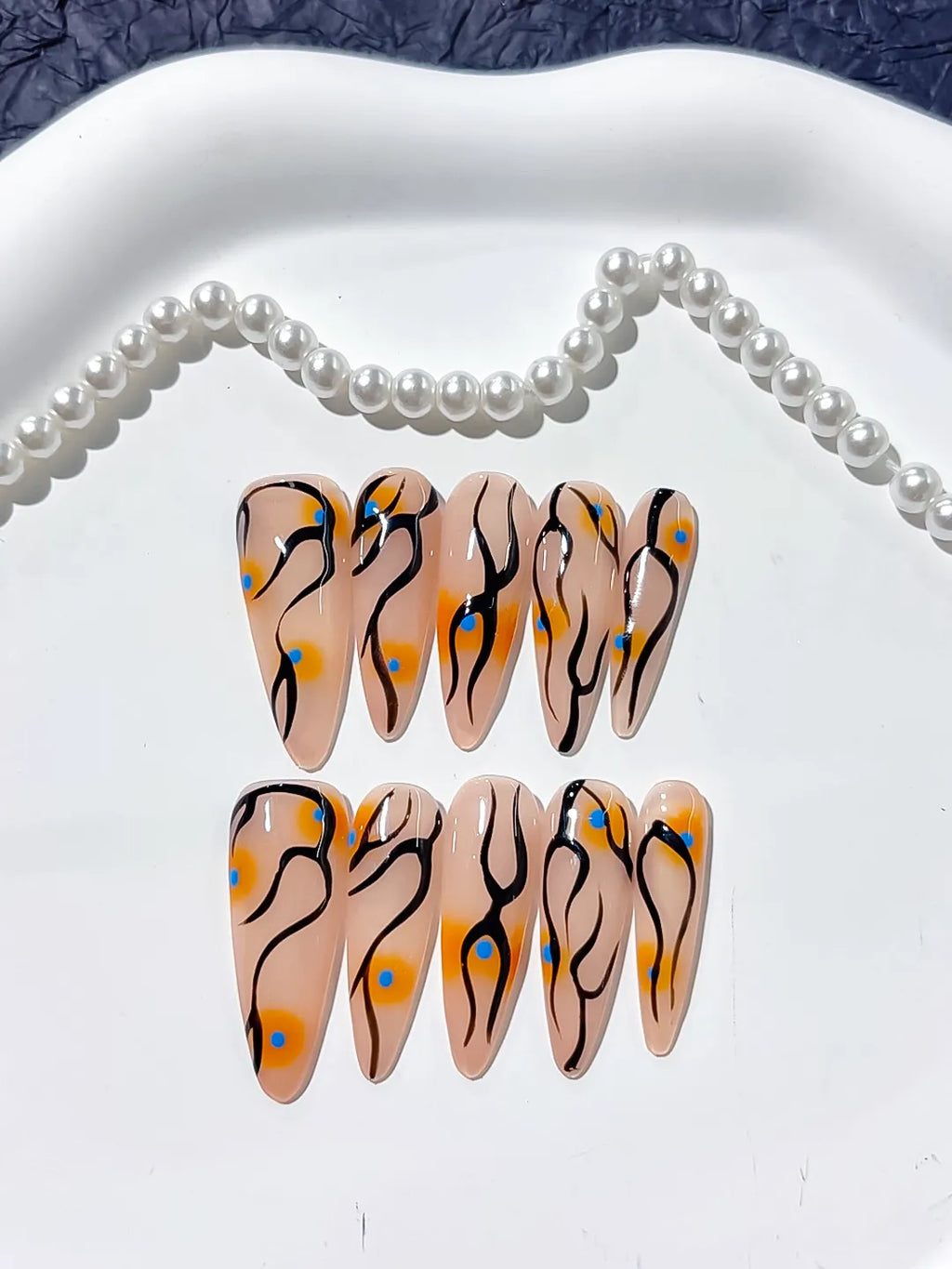 Long Nude Orange Stiletto Abstract Dot Pattern