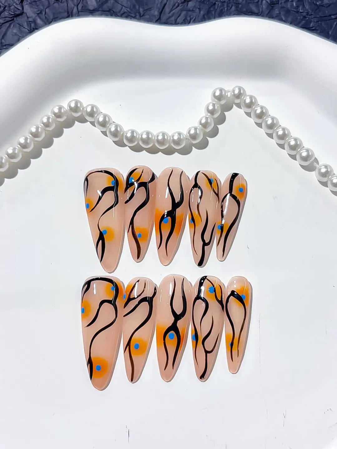 Long Nude Orange Stiletto Abstract Dot Pattern