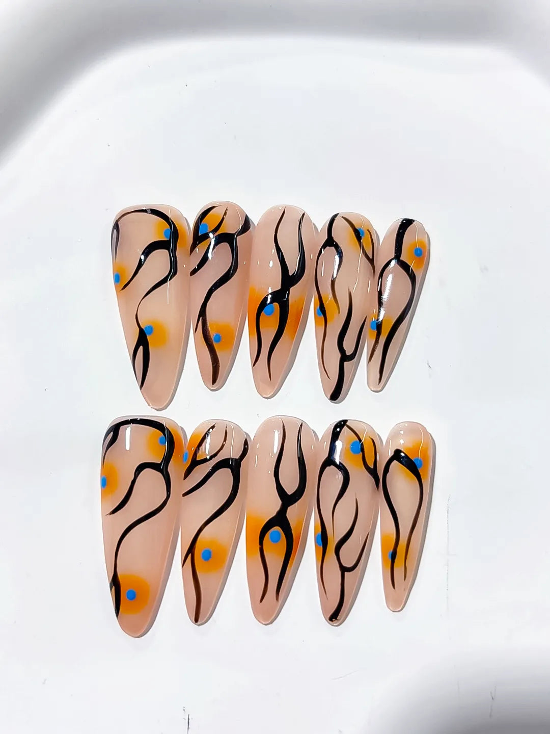 Long Nude Orange Stiletto Abstract Dot Pattern