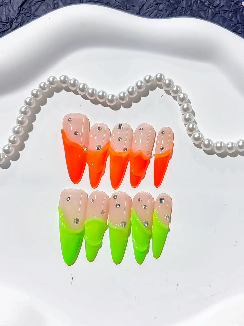 Long Nude Orange Stiletto French tip Rhinestone