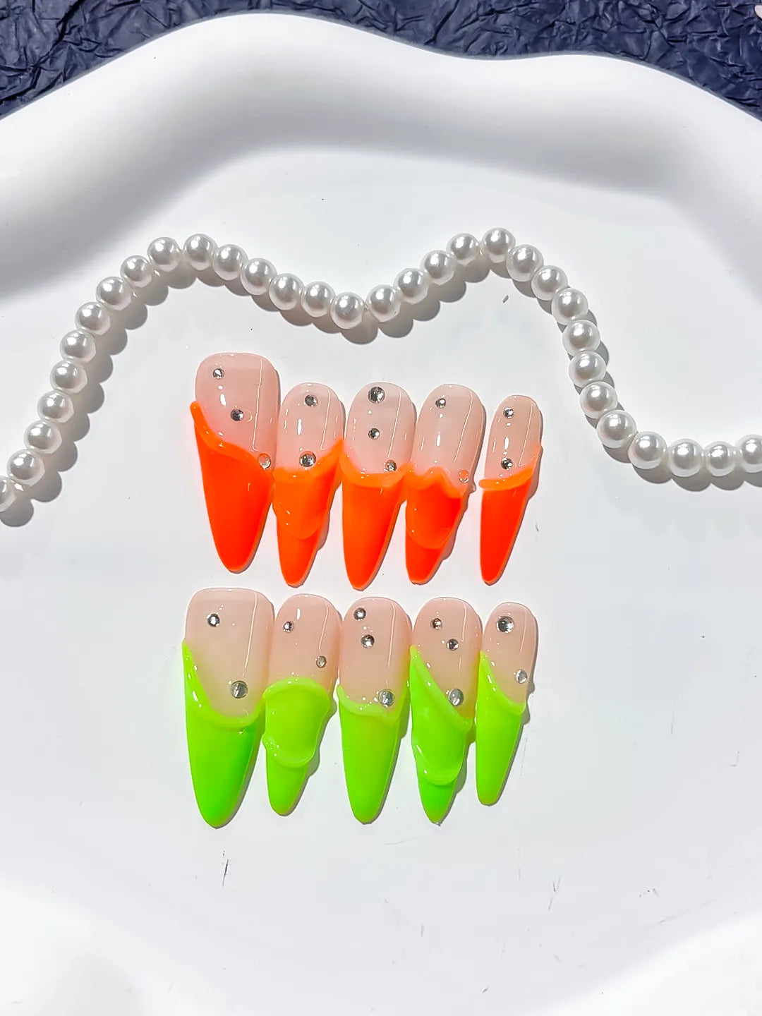 Long Nude Orange Stiletto French tip Rhinestone