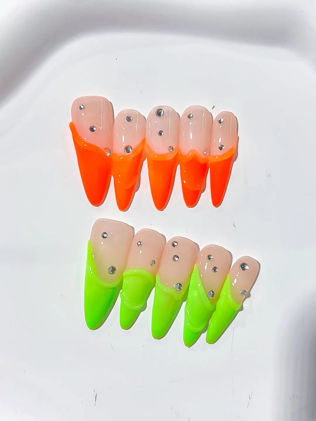 Long Nude Orange Stiletto French tip Rhinestone