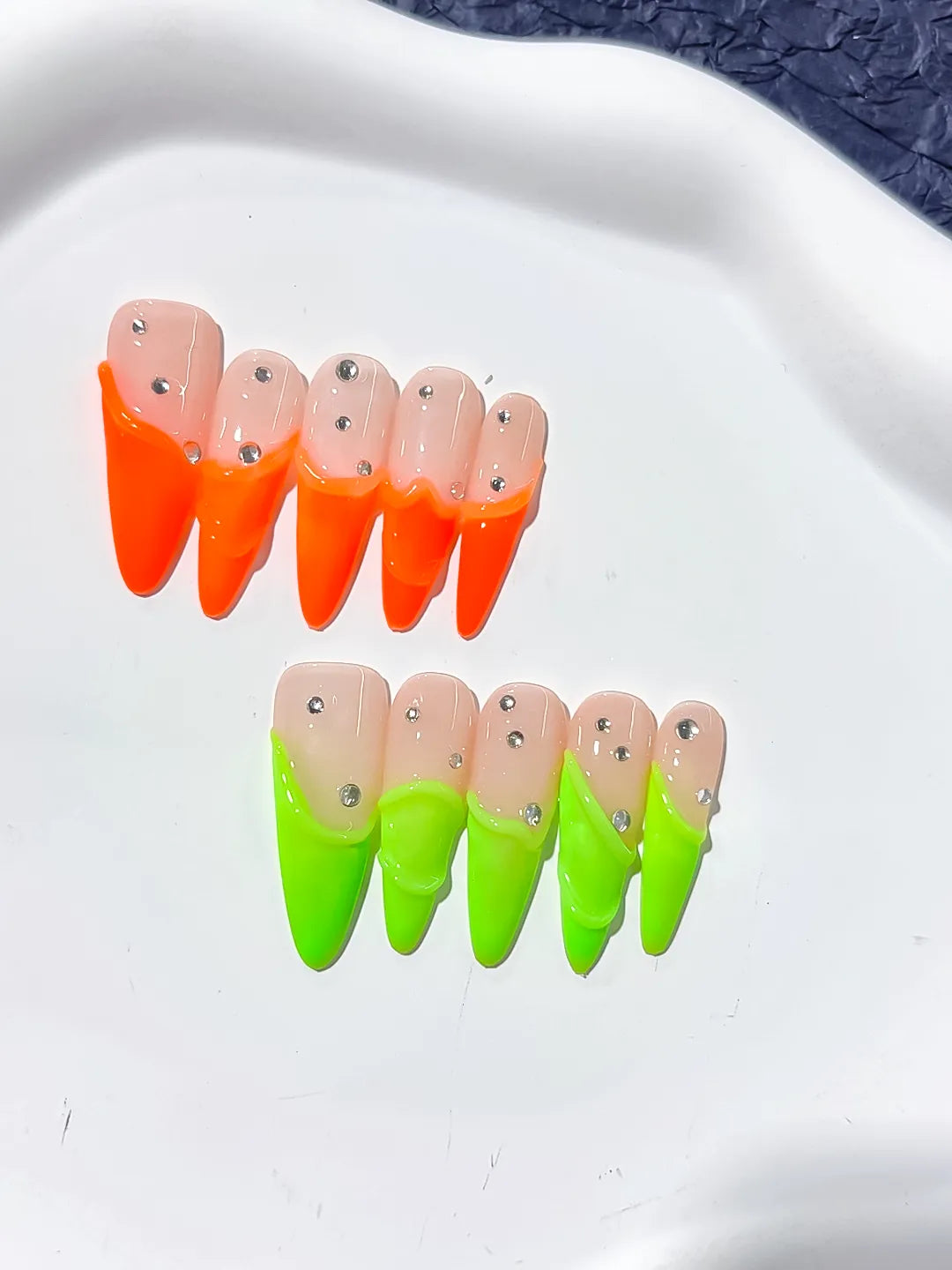 Long Nude Orange Stiletto French tip Rhinestone