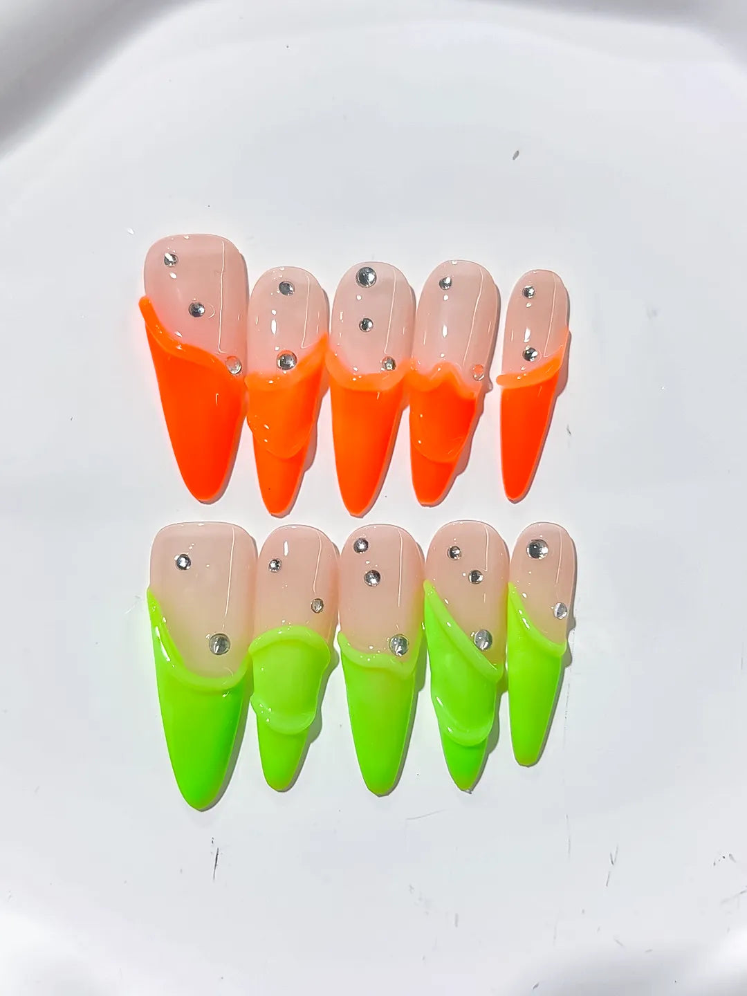 Long Nude Orange Stiletto French tip Rhinestone