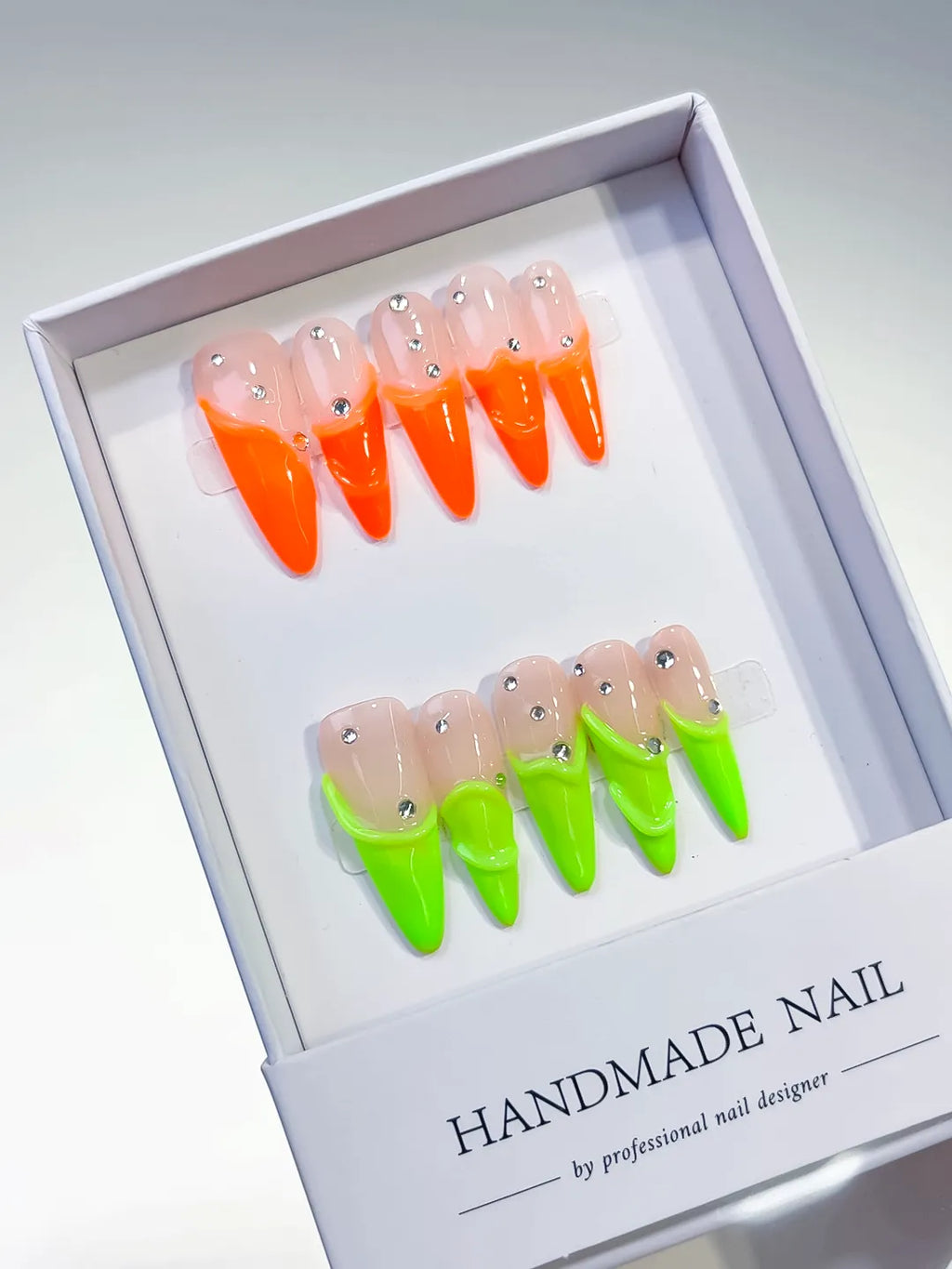 Long Nude Orange Stiletto French tip Rhinestone
